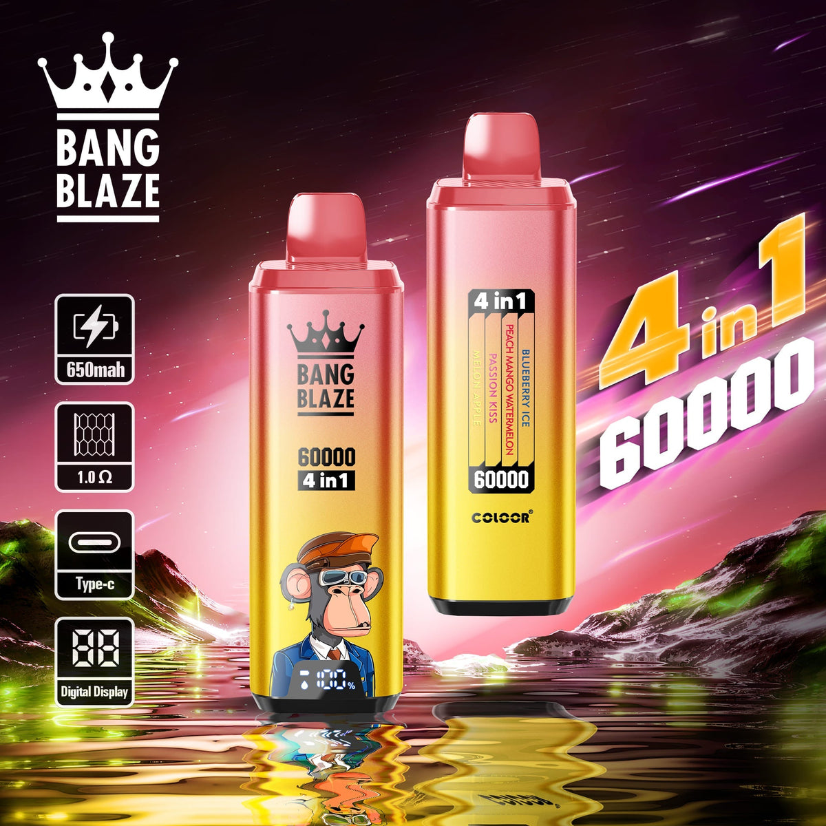 BANG BLAZE 4IN1 60000 Puffs Disposable Vape Wholesale(0% to 5% Nicotine) 56ML e-liquid &nbsp;650mAh 12 Flavors