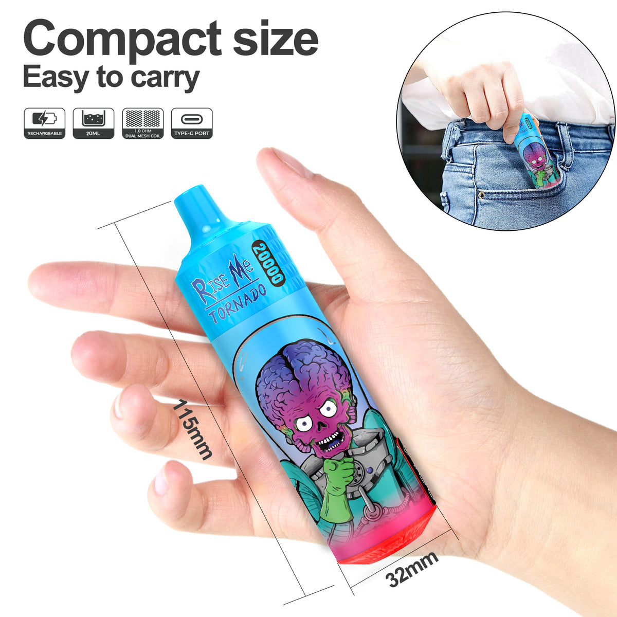 RahdM Tornado Rise Me Disposable Vape 20k Puffs E Cigarette Vape Fruit Flavours 20000 Puff Refillable Electronic Cigarettes 20MG Nic
