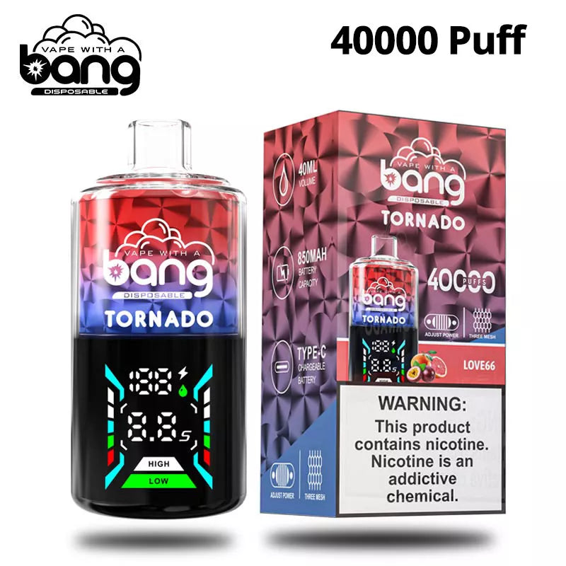 Bang Vape Tornado 40000 Puffs Triple Coils Digital Disposable E-cig-850mAh Battery, 40ml E-liquid, Multiple Nicotine 12 Flavors