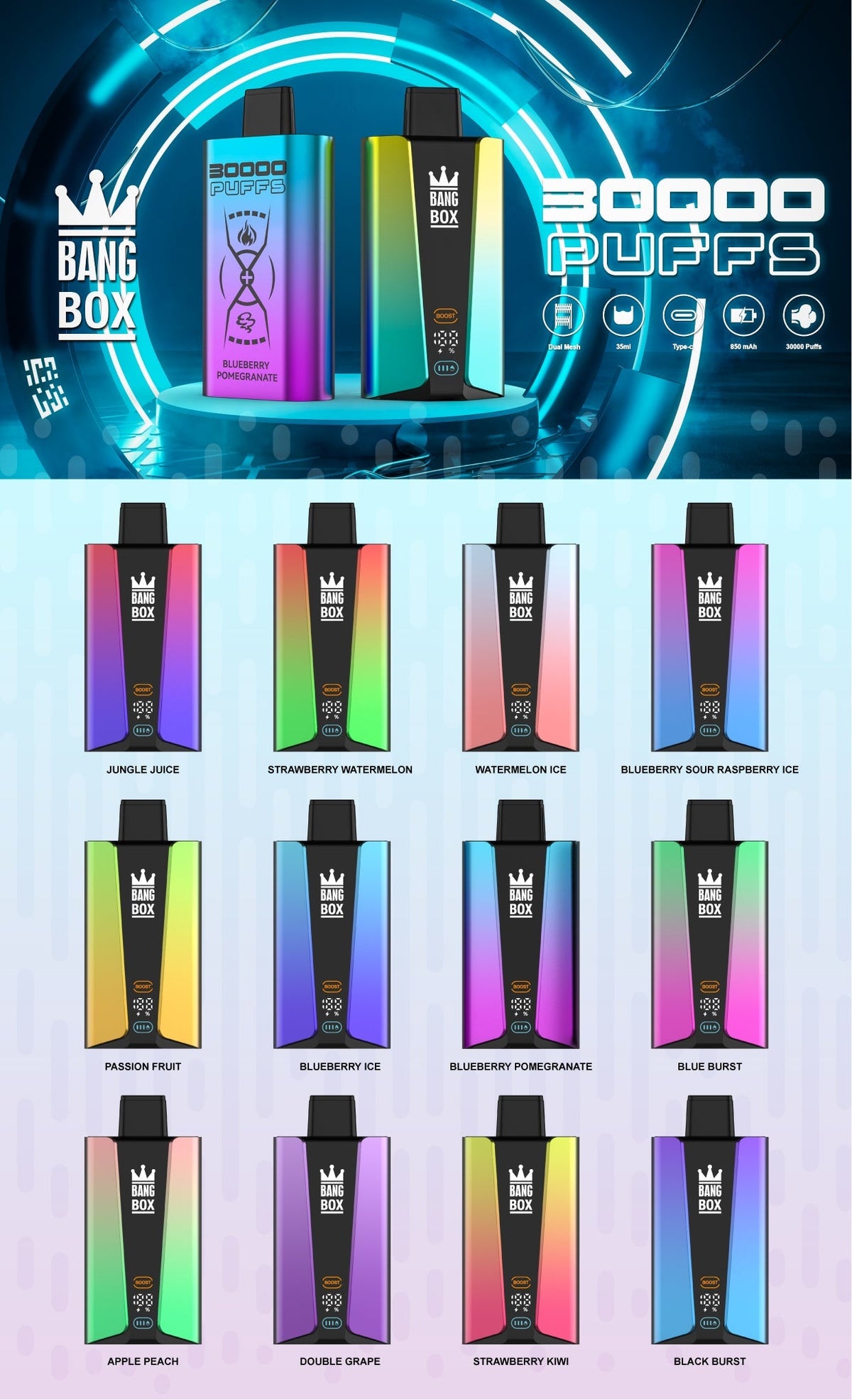 Bangbox 30000puff vape,LED Display capcity Batterya ,35ML 850MAH ,12 Flavor Display