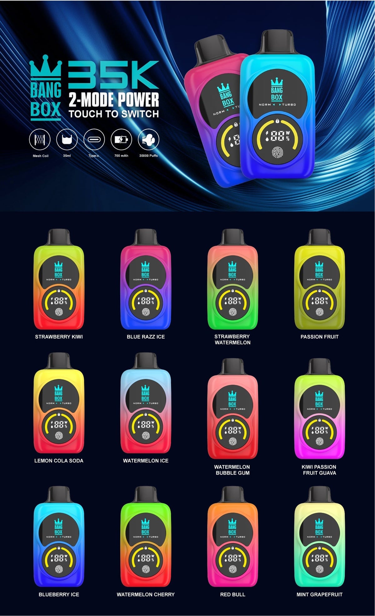 Bang Box 35000 Puffs Disposable Vape - 35ml E-Liquid, 700mAh Disposable Vape 12 Flavors