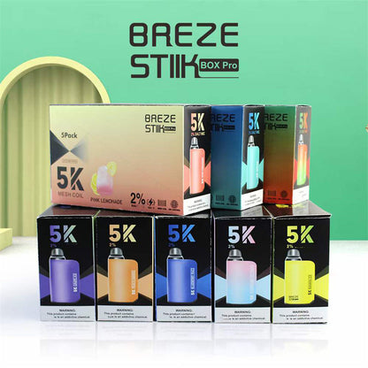 Breze Stiik Box Pro 5000 Puffs Vape Disposable 950mah Rechargeable Battery Pen Electronic Cigarettes Puff 5k 2% 5% 12ml Prefilled Pod Mesh Coil Adjustable Airflow