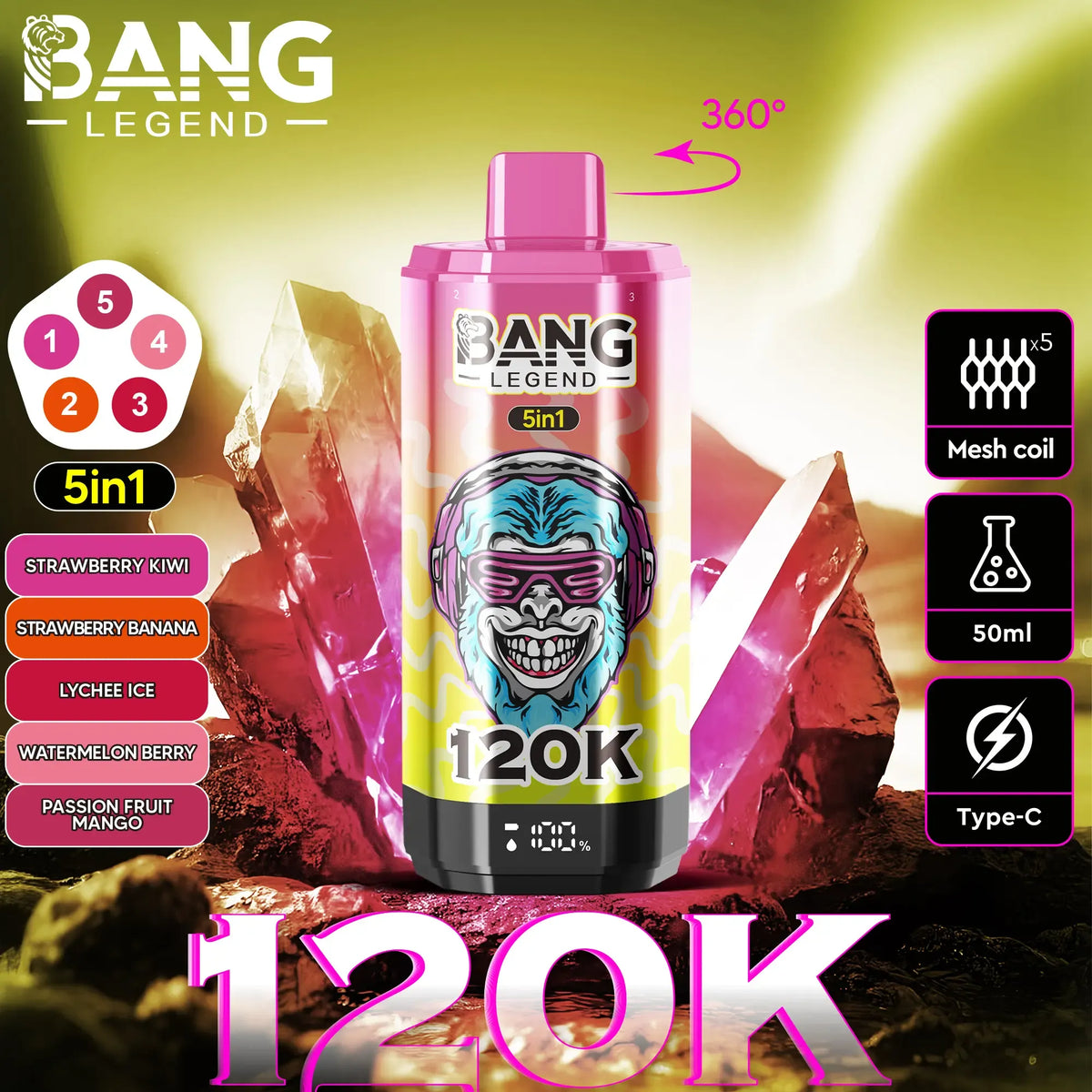 Bang Legend 120K – The Ultimate 5-in-1 Disposable Vape | 120,000 Puffs | Adjustable Triple Flavors | Nebula Burst