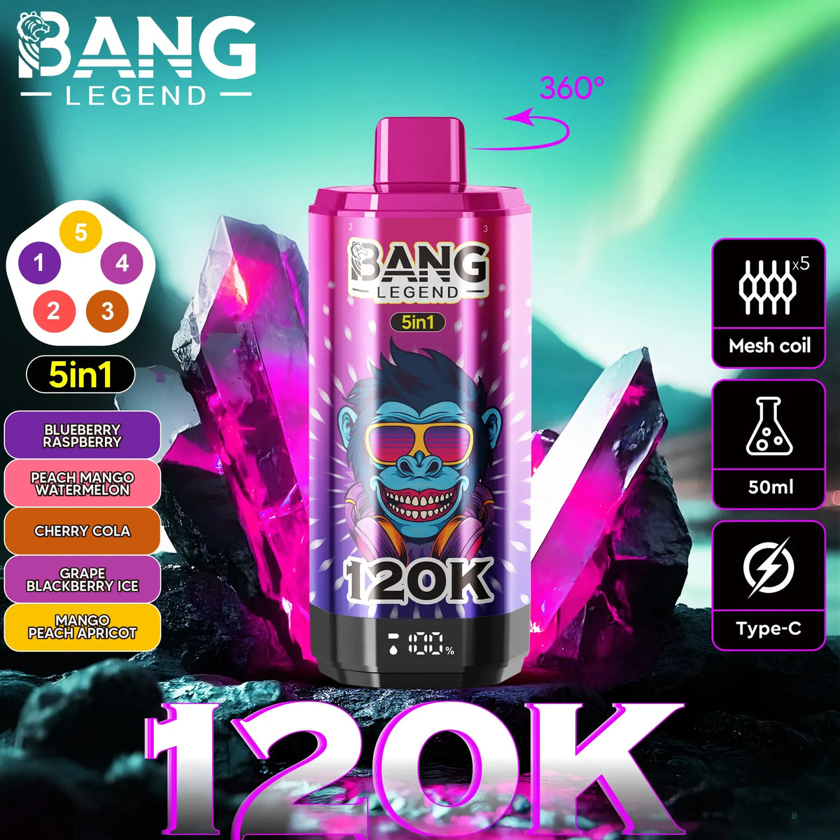 Bang Legend 120K – The Ultimate 5-in-1 Disposable Vape | 120,000 Puffs | Adjustable Triple Flavors | Nebula Burst
