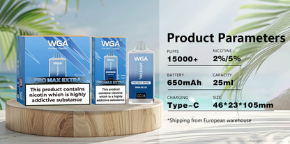 WGA Crystal Pro Max Extra 15000  Puffs Disposable Vape-650mAh Battery, 25ml E-liquid, Multiple Nicotine 15 Flavors