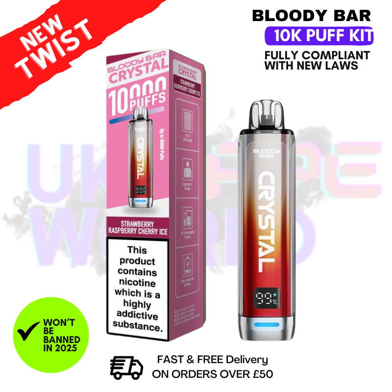 Bloody Bar Crystal Strawberry Raspberry Cherry ICE 10K Puff Pod Kit